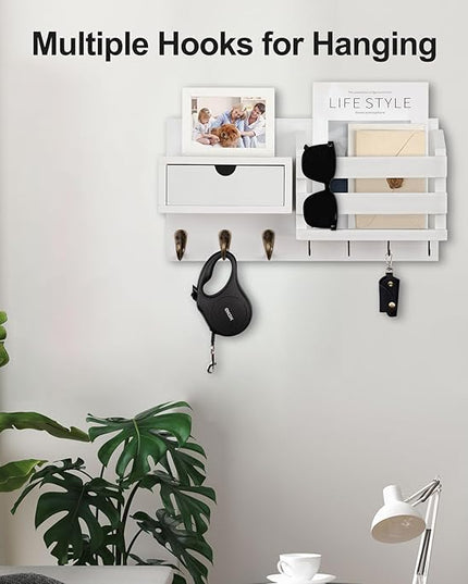 Lwenki Wall Mount Key Holder with Mail Organizer, 100% Paulownia Wood, 7 Metal Hooks, Storage Drawer, Entryway Home Decor (White)
