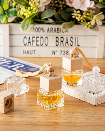 BBTO 100 Pcs Car Air Fresheners Diffuser with Wooden Cap - Empty Aromatherapy Diffuser Clear Fragrance Holder Pendant Hanging Perfume Fresheners for Car Decor (Clear, Square Style)