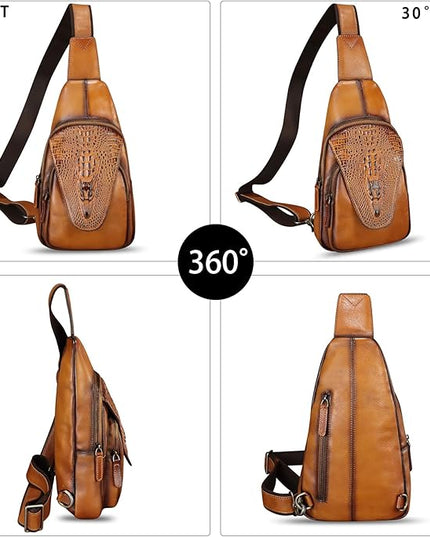 Genuine Leather Sling Bag Embossed Crocodile Pattern Leather Crossbody Sling Backpack Handmade Chest Purse Daypack (Brown)