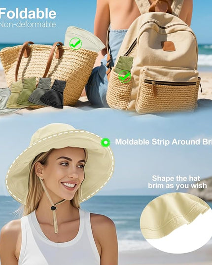 Sun Hats for Women, Wide Brim Waterproof Bucket Hat, Summer Beach Packable Ponytail Hat,UPF 50+ UV Protection