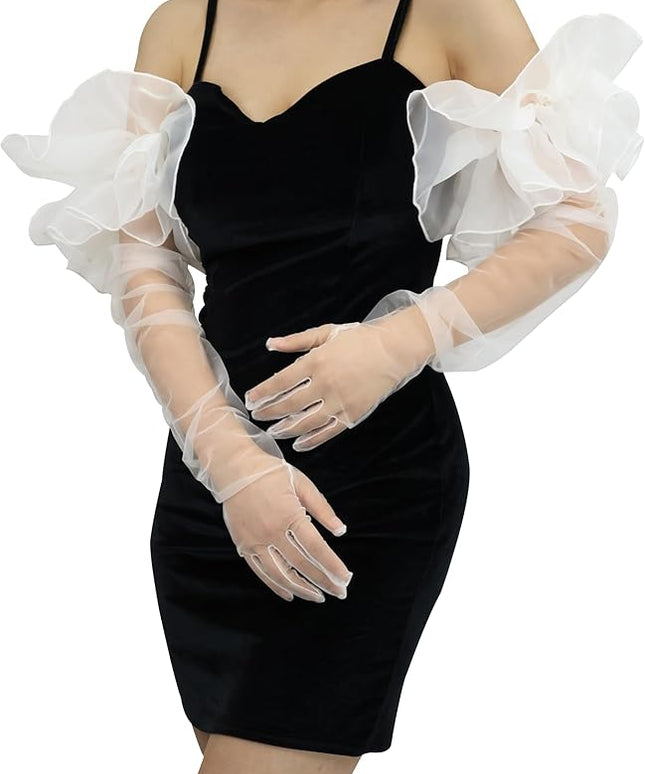 Super Puff Sheer Long Gloves Oversize Tulle Mesh Gloves for Cocktail Opera Party Glove Long Sleeve