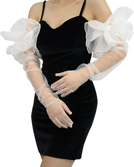 Super Puff Sheer Long Gloves Oversize Tulle Mesh Gloves for Cocktail Opera Party Glove Long Sleeve