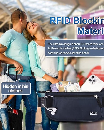 RFID Blocking Money Belt for Men Women, Slim Fanny Pack for Travel，Running,Conceal Waist Wallet for Passport Holder,Phone,Cash(Black Dark Blue)
