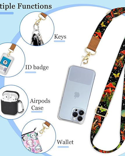 Cell Phone Lanyard Crossbody with Wrist Strap, Mushroom Butterfly Lanyards for Around The Neck Wristlet Adjustable Phone Strap Cute for Keys Case ID Badges Accessories