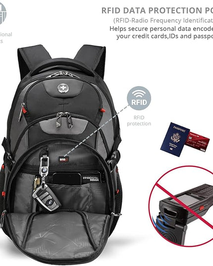 Swissdigital Design Laptop Backpack, Travel Backpack with USB Charging Port Fits 15.6 inches Computer, 31L College School Bookbag for Men, Black/Grey | SD803-02