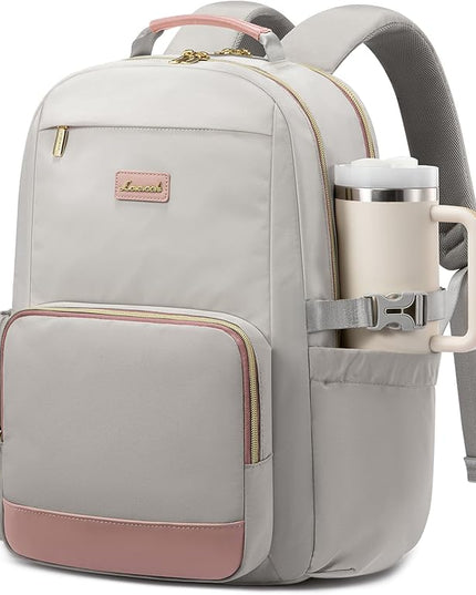 LOVEVOOK Laptop Backpack for Women with Pouch Pocket for Large Capacity Cup,15.6 Inch Laptop Computer Bag Travel Backpack Purse,Waterproof Work Business Backpack College Teacher Bags,Gray-Pink