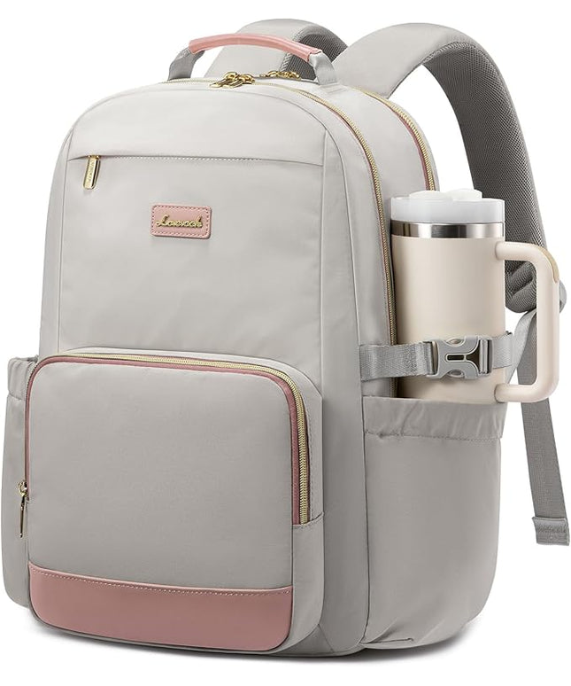 LOVEVOOK Laptop Backpack for Women with Pouch Pocket for Large Capacity Cup,15.6 Inch Laptop Computer Bag Travel Backpack Purse,Waterproof Work Business Backpack College Teacher Bags,Gray-Pink