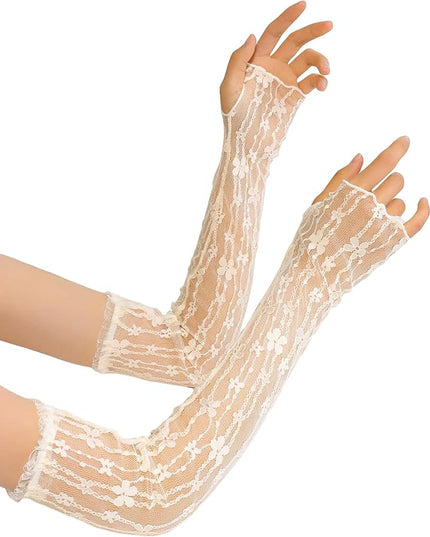 SHENHE Women's Sheer Lace Tulle Gloves Fingerless Elbow Length Arm Sleeves Mittens