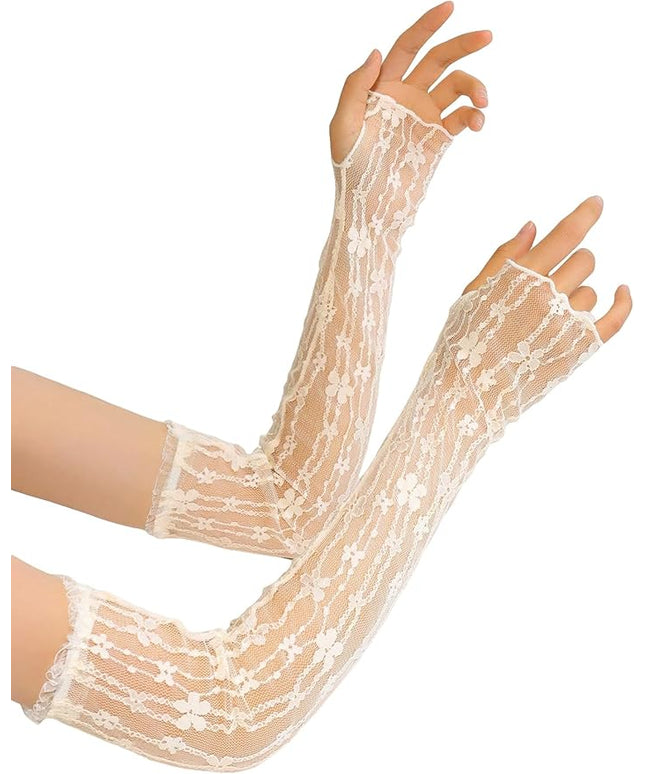 SHENHE Women's Sheer Lace Tulle Gloves Fingerless Elbow Length Arm Sleeves Mittens