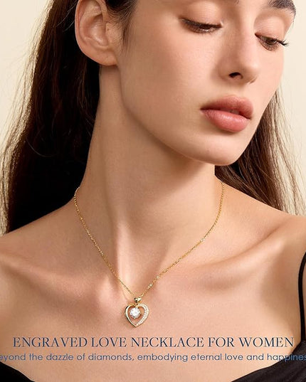 Beam & Bask Moissanite Heart Pendant Necklaces for Women, Engraved with LOVE, Sterling Silver Plated with 18K Gold, Anniversary and Birthday Jewelry for Wife, Girlfriend, Mom, or Her