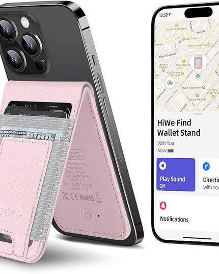 HiWe for MagSafe Wallet Stand with Find My, Anti-Lost Strongest Magnetic Wallet for iPhone 17/16/15/14/13/12 Series, 9 Cards Holder, Leather RFID, Pink