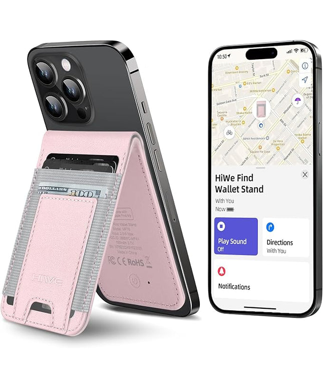 HiWe for MagSafe Wallet Stand with Find My, Anti-Lost Strongest Magnetic Wallet for iPhone 17/16/15/14/13/12 Series, 9 Cards Holder, Leather RFID, Pink