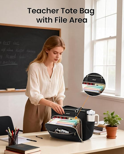 LOVEVOOK Teacher Tote Bag, Laptop Bag for Women with Large Cup Holder & Accordion File Area, Work Tote Bag for Business