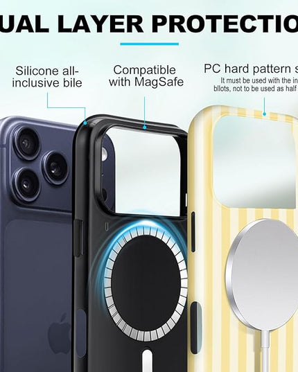 Magnetic for iPhone 17 Pro Case Cute Stripes Phone Case, Shockproof Slim TPU and Hard PC Protective Phone Cover Compatible with MagSafe Designed for Women Girls, Pink and White