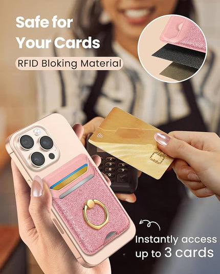Shorogyt Compatible with Magsafe Wallet Magnetic Card Holder - Phone Wallets with Ring Grip Stand Cute Fashion for iPhone 17/16/15/14/13/12 Series for Women Girls Glitter Pk Design, Fit 3 Cards
