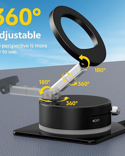 Magnetic Car Phone Holder, Universal 360° Dashboard Suction Cup Mount for Driving, Gym or Office, Foldable Vacuum Phone Holder for iPhone