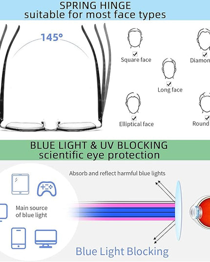 4-Pack Blue Light Blocking Reading Glasses for Men Stylish Metal Frame Readers with Comfort Spring Hinges Anti Glare UV Filter Eyeglasses, +3.0 STRENGTH