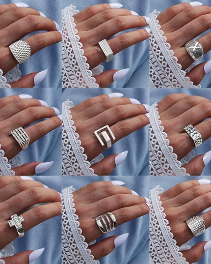 KISS WIFE Cool Rings Set for Women, Vintage Silver Punk Rings Bulk, Gothic Chunky Knuckle Emo Stackable Finger Ring Pack Western Jewelry Gift for Her