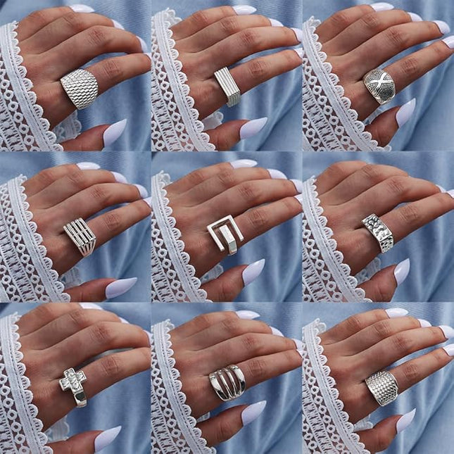 KISS WIFE Cool Rings Set for Women, Vintage Silver Punk Rings Bulk, Gothic Chunky Knuckle Emo Stackable Finger Ring Pack Western Jewelry Gift for Her