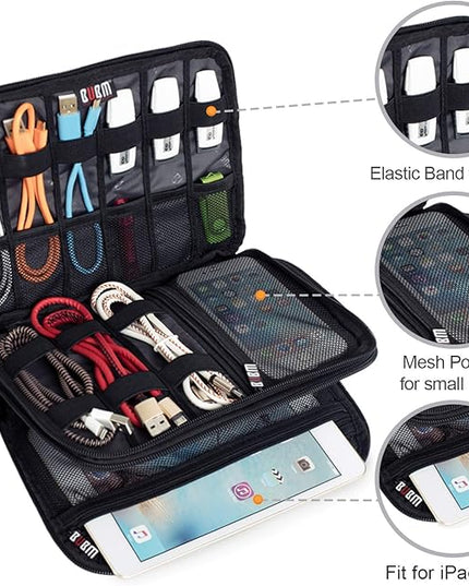 BUBM Double Layer Electronic Accessories Organizer, Travel Gadget Bag for Cables, USB Flash Drive, Plug and More, Perfect Size Fits for iPad Mini (Medium, Black)
