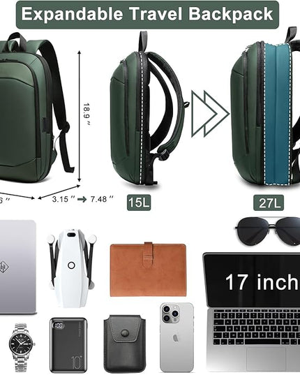 Business Backpack 17 Inch Slim Expandable Waterproof Travel Laptop Backpacks with USB Charger Port Anti-Theft Lightweight Large Work Computer Bag College Laptop Backpacks Gifts for Men Women, Green