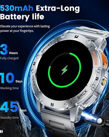 LIGE 1.43" AMOLED Smart Watch for Men with Flashlight, Bluetooth Calling, 100+ Sport Modes, 530mAh, IP68 Waterproof Fitness Tracker for Workout, iOS Android Compatible, Silver Steel