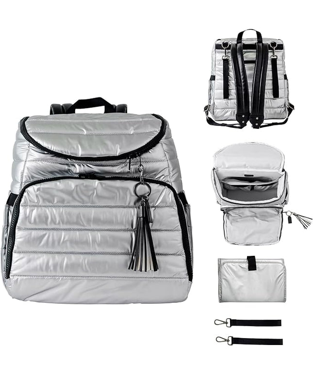 Citi Collective Gallery Diaper Bag Backpack - Casual Day-to-Day Backpack Fits 15" Laptop - Travel Bag with Multiple Compartments, Pockets, Portable Changing Pad, and Shoulder Strap-Silver