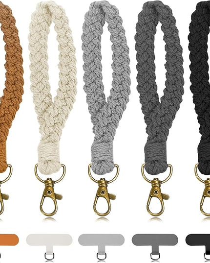 5PCS Phone Wrist Strap with 5PCS Tether Tab Keychain Wristlet Lanyard Cell Phone Wristlet Keychain for Women Boho Macrame Handmade Phones Lanyard Wrist with Tether Tab for Keys, ID