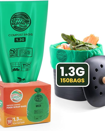 Compost Bags 1.3 Gallon,150 Count,Compostable Small Trash Bags for Kitchen Countertop Compost Bin 0.75, 1,1.2, 1.3Gallon,ASTM D6400, US BPI and Europe OK compost HOME certified