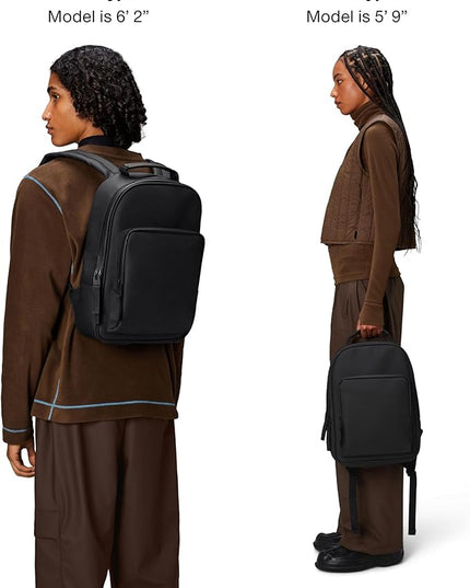 RAINS Book Daypack Regular Black Laptop Backpack for Men and Women, Waterproof Black Minimalist Commuter Bag with 15”-16"