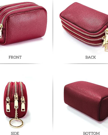 LINNO 3 Zippered Genuine Leather Coin Purse Triple Capacity Change Pouch Little Travel Wallet With Key Ring for Women