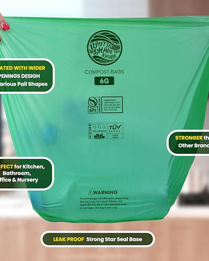 Compostable Bags, 6 Gallon Food Scraps Yard Waste Bags,Fits 5-6-8 Gallon trash can, 30 Liter, 70Count, Heavy Duty 0.85 Mils, ASTMD 6400 Kitchen Trash Bags, BPI&OK compost HOME certified