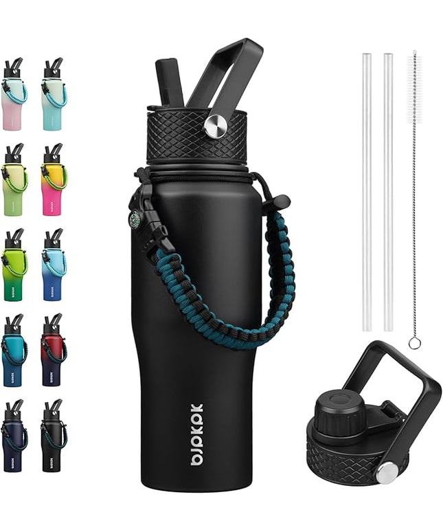 BJPKPK Insulated Water Bottles with Straw Lid, 23oz Metal Water Bottle with 2 lids & Paracord Strap, Double Wall Stainless Steel Vacuum Tumblers, Cups, Mugs, Thermo for Hot& Cold Drinks, Black