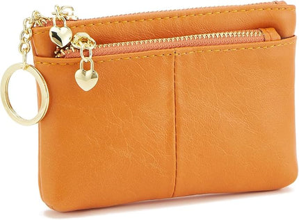 ZOOEASS Women PU Leather Zip Mini Coin Purse With Key Ring Triple Zipper Card Holder Wallet (Orange)