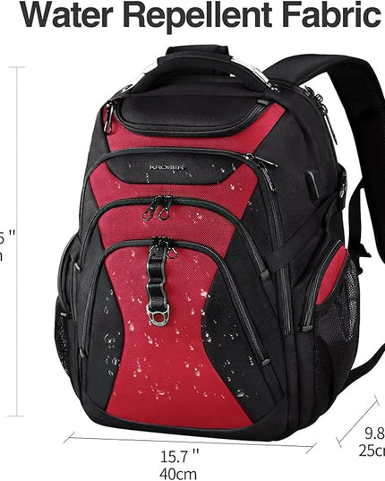 KROSER Travel Laptop Backpack 18.4 Inch XXXL Gaming Backpack with Hard Shell Saferoom RFID Pockets Water-Repellent Business College Daypack Stylish Laptop Bag for Men/Women-Black Red