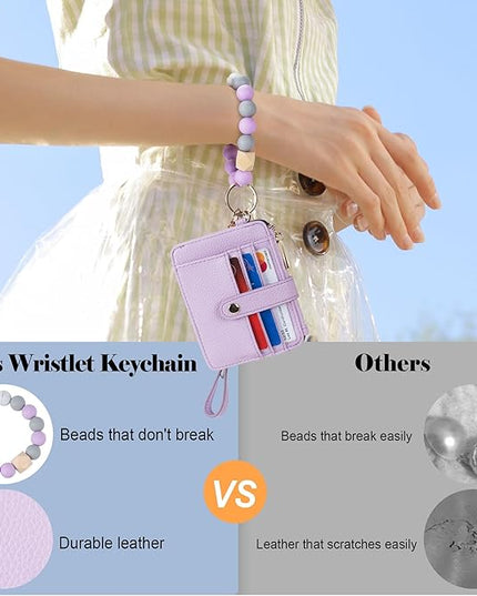 Keychain Wallet with Bracelet RFID Blocking Wristlet Credit Purse Card Holder, Silicone Bead Tassel Key Ring for Women