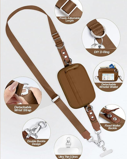 Clip and Go Strap for Phone with Wallet Crossbody Phone Lanyard Adjustable and Detachable RFID Wristlet Wallet with ID Window and Zipper, Brown Large