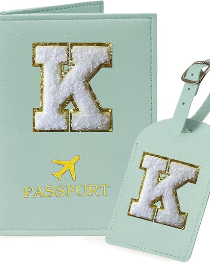 COSHAYSOO Green Initial Passport Cover Holder and Luggage Tag Set TSA Approved with Chenille Letter Patch for Women Teenage Girls, Traveling Necessities Supply Unique Bag Suitcase Identifier (K)