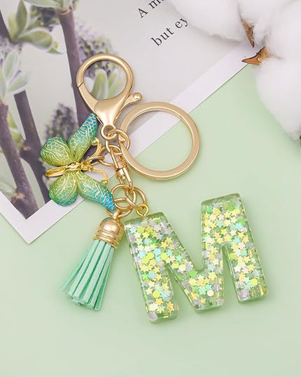 Fashion Alphabet Initial Letter Keychain Tassel Butterfly Pendant Key Ring for Purse Handbags Women Girl