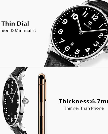 L LAVAREDO Watch for Men, Extremely Thin Mens Watches Minimalist Analog Men's Leather Wrist Watches with Time/Date, Birthday Gift for Men Boyfriend