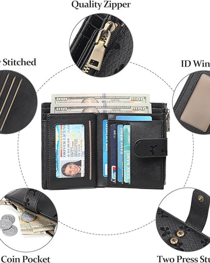 GAEKEAO Womens Wallet Small Leather RFID Blocking Bifold Zipper Pocket Wallet Card Case Purse with ID Window