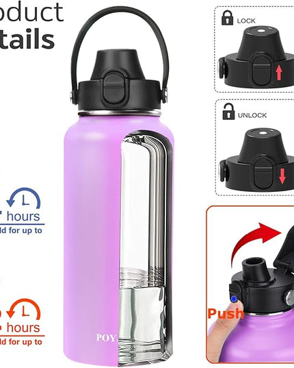Water Bottle Insulated 32oz 40oz 64oz 128oz Straw Lid Spout Lid & 3 Lids, Leak Proof, Vacuum Insulated,Stainless Steel Water Bottle Wide Mouth for Sports, Gym or Office