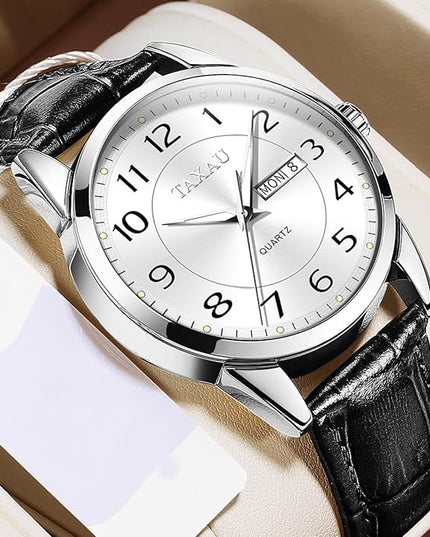 Men Dress Watch Waterproof Leather Watches for Men with Day Date Luxury Large Arabic Numerals Analog Quartz Classic Leather Watch Easy Read relojes para Hombres