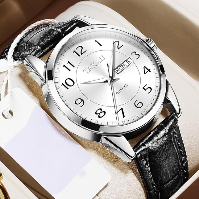 Men Dress Watch Waterproof Leather Watches for Men with Day Date Luxury Large Arabic Numerals Analog Quartz Classic Leather Watch Easy Read relojes para Hombres