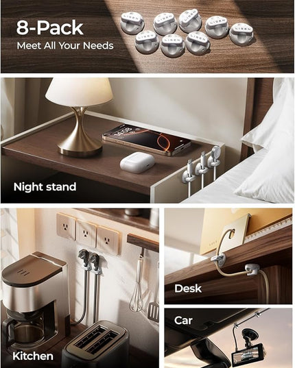 8 Pack Magnetic Cable Clips Organizer, LISEN Cord Holder for Nightstand [Smooth Adjustable] Adhesive Organizer for Cords Under Desk for Home Office Desk Car Wall Desktop Nightstand-White