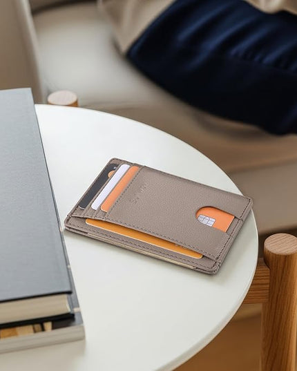 Buffway Slim Minimalist Front Pocket RFID Blocking Leather Wallets for Men and Women - Lichee Khaki