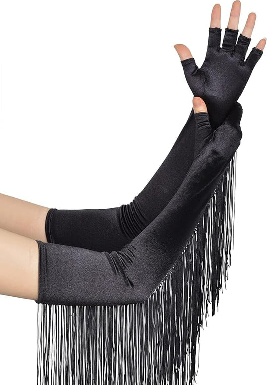 BABEYOND Vintage Long Opera Pageant Gloves - 1920s Fringe Fingerless Elbow Gloves for Costume Party Wedding