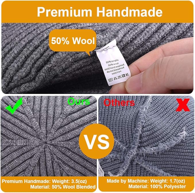 3 Pack Wool Fisherman Beanies for Men, Short Knit Watch Cap Cuffed Trawler Hats