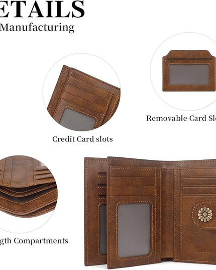 Blucoay Wallet Women,RFID Blocking Leather Womens Wallet Bifold Compact Small Wallet for Women Card Holder with Removable ID Window cowprint brown