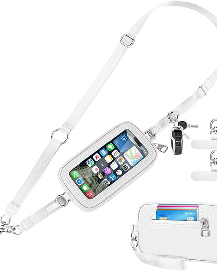 Clip and Go Strap for Phone with Wallet Crossbody, Detachable Wristlet Strap Pocket with Zipper Phone Screen ID Window, 2 Pcs Metal Tether Patches Compatibe with iPhone and Most Smartphones White